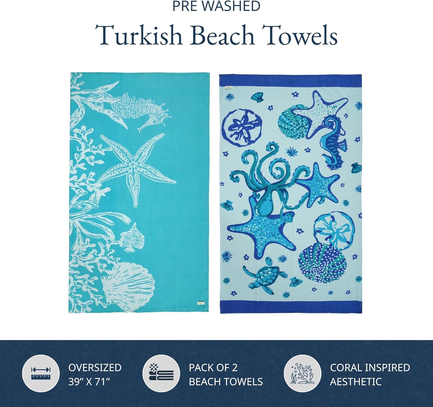imageLANE LINEN Turkish Beach Towel 2 Pack Oversized Beach Towel 39quotx71quot Beach Essentials for Women Large Pool Towel Absorbent ampamp Quick Dry Sand Free Beach Towel Bird of ParadiseStarfish Serenade