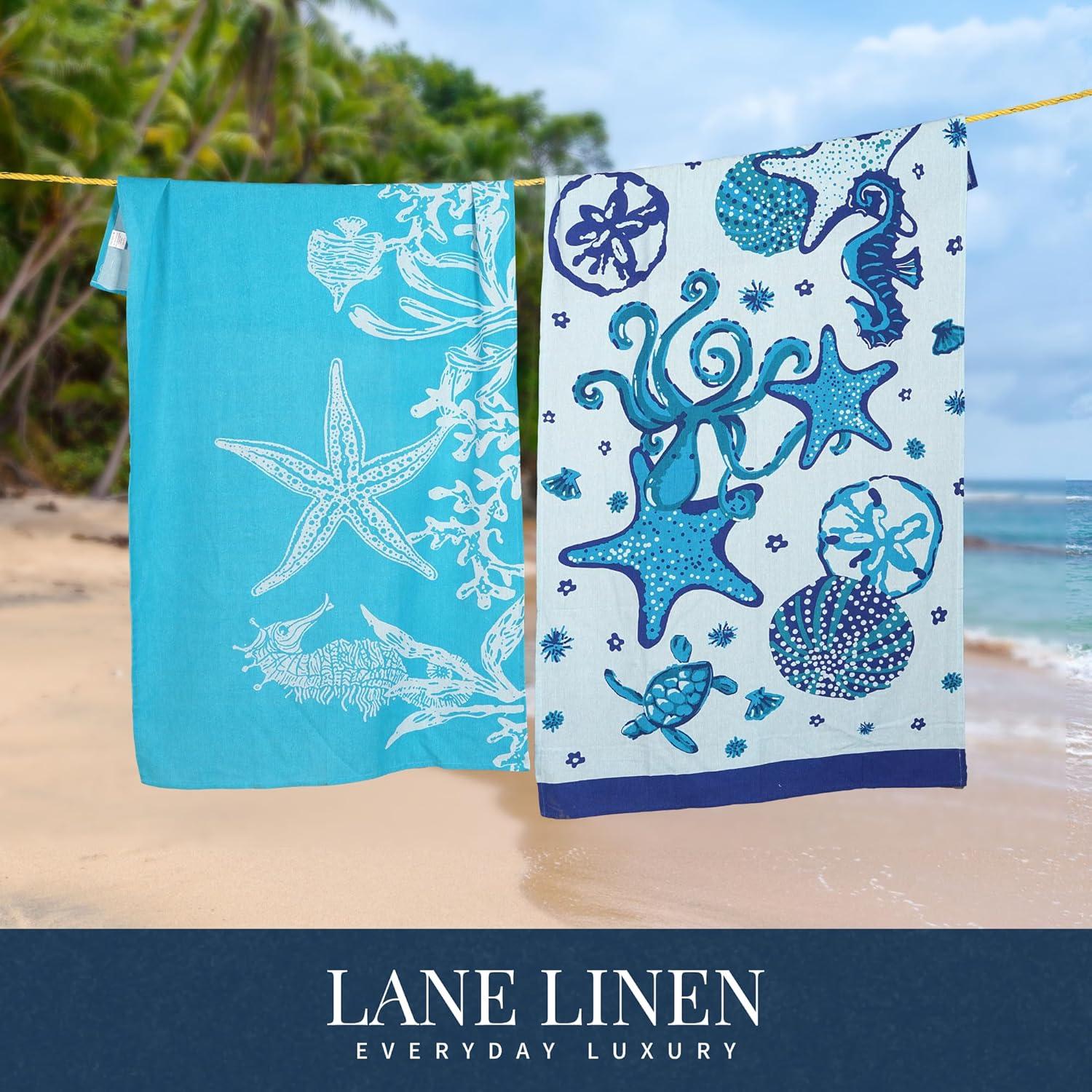 imageLANE LINEN Turkish Beach Towel 2 Pack Oversized Beach Towel 39quotx71quot Beach Essentials for Women Large Pool Towel Absorbent ampamp Quick Dry Sand Free Beach Towel Bird of ParadiseStarfish Serenade
