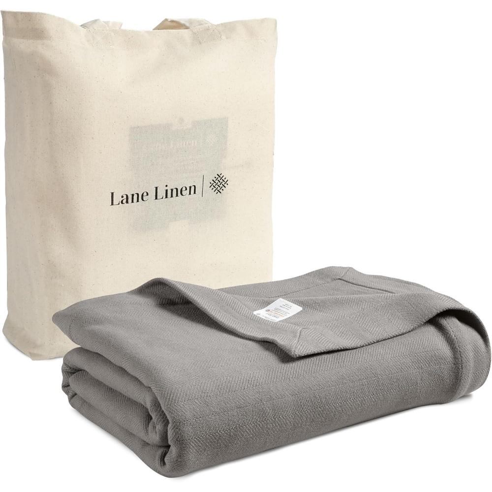 imageLANE LINEN Queen Size Cotton Blanket 90quotx90quot  Soft Cooling ampamp Warm Blanket for Bed and Couch  Lightweight for Summer ampamp Winter Use Herringbone Pattern  NavySilver
