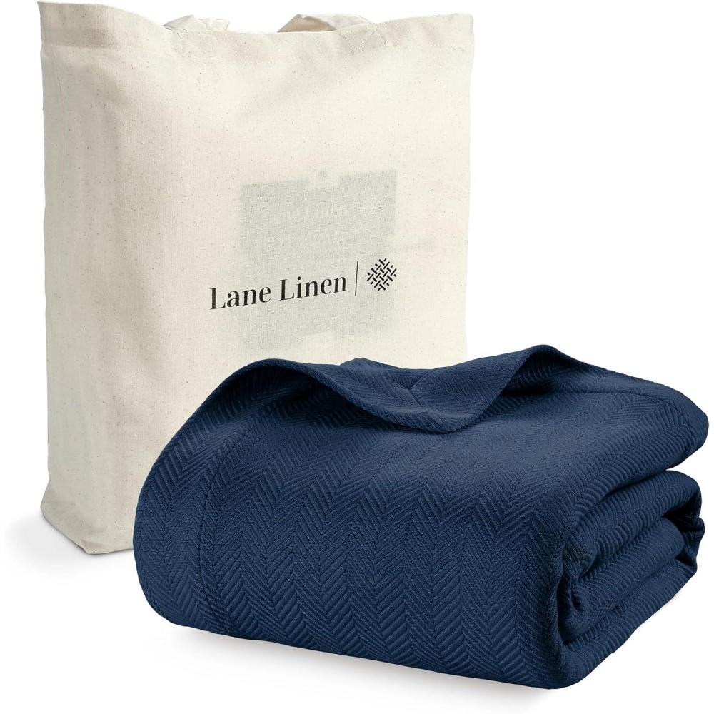 imageLANE LINEN Queen Size Cotton Blanket 90quotx90quot  Soft Cooling ampamp Warm Blanket for Bed and Couch  Lightweight for Summer ampamp Winter Use Herringbone Pattern  NavyNavy