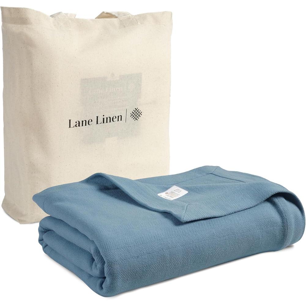 imageLANE LINEN Queen Size Cotton Blanket 90quotx90quot  Soft Cooling ampamp Warm Blanket for Bed and Couch  Lightweight for Summer ampamp Winter Use Herringbone Pattern  NavyLight Blue